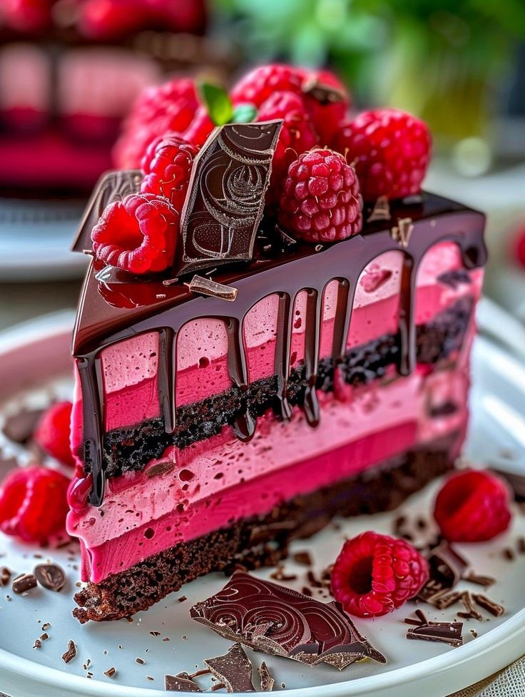 Raspberry and chocolate gateau